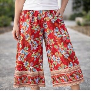 Emery Rose Women's XL Red Floral Wide-Leg Pants High Rise‎ Casual